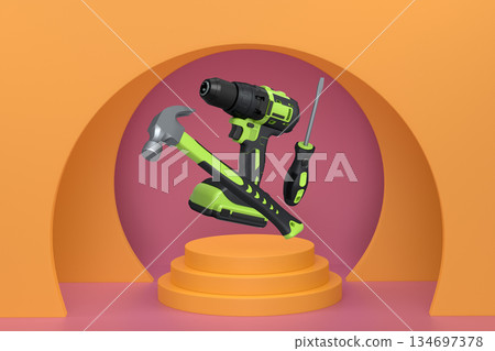 Construction tools and safety equipment floating over podium on abstract background, industrial work and protection concept Construction tools and safety equipment floating over podium on abstract background, industrial work and protection concept 134697378