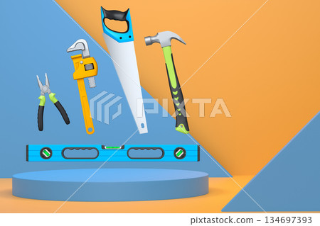 Colorful saw, hammer, and wrench floating in mid-air above white pedestal or podium, concept of construction and repair Colorful saw, hammer, and wrench floating in mid-air above white pedestal or podium, concept of construction and repair 134697393