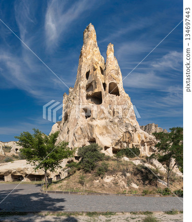Historic rock-cut dwellings in Goreme Open-Air Museum, a UNESCO World Heritage site in Cappadocia, Turkey. 134697443