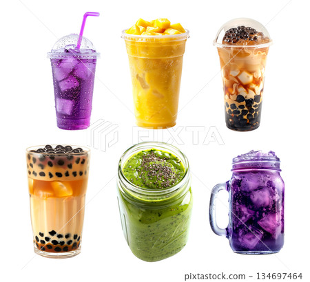 Pineapple juice and ice cubes, Bubble tea drink with tapioca pearls and Grape soda cocktail isolated on white background 134697464