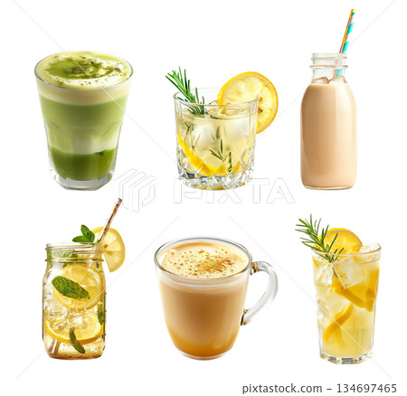 Cocktail or lemonade with lemon and lime, creamy matcha chai latte, milk tea isolated on white transparent background 134697465