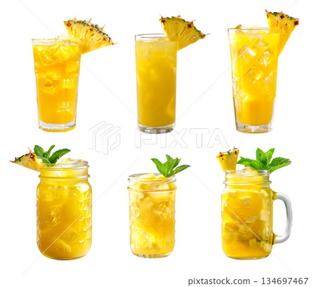Fresh pineapple juice and ice cubes in a tall glass isolated on white transparent background. Fresh pineapple juice and ice cubes in a tall glass isolated on white transparent background. 134697467