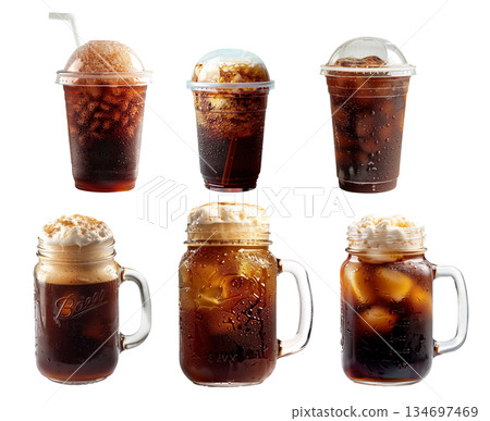 A frosty glass is filled to the brim with bubbly, dark caramel soda or root beer isolated on white A frosty glass is filled to the brim with bubbly, dark caramel soda or root beer isolated on white 134697469