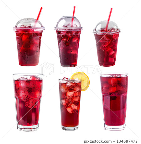 Refreshing red beverage or hibiscus ice tea served in a mason jar isolated on white transparent background 134697472
