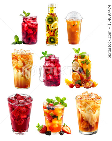 Hibiscus ice tea, Thai iced tea and fruit tea blend of berries, citrus slices and mint leaves isolated on white Hibiscus ice tea, Thai iced tea and fruit tea blend of berries, citrus slices and mint leaves isolated on white 134697474