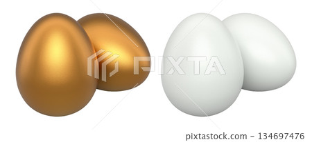 White and gold eggs placed side by side isolated on white transparent background. 134697476
