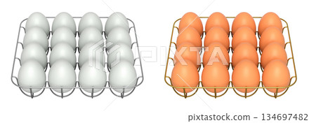 Metal trays filled with neatly stacked white and brown eggs, isolated on white transparent background. 134697482