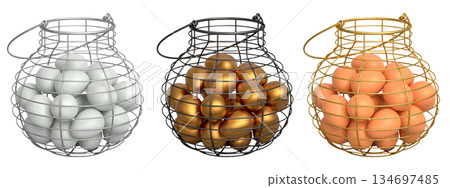Wire baskets filled with eggs, isolated on white transparent background, concept of kitchen storage Wire baskets filled with eggs, isolated on white transparent background, concept of kitchen storage 134697485