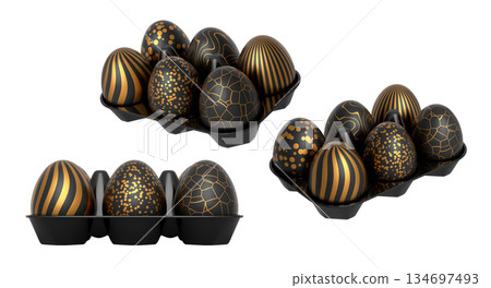 Plastic trays filled with neatly stacked black eggs, isolated on white transparent background. 134697493