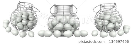 Wire baskets filled with eggs, isolated on white transparent background, concept of kitchen storage 134697496