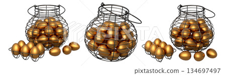 Wire baskets filled with eggs, isolated on white transparent background, concept of kitchen storage 134697497