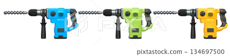 Set of electric rotary hammers with side handles and drill bits, isolated on white transparent background, concept of power tools Set of electric rotary hammers with side handles and drill bits, isolated on white transparent background, concept of power tools 134697500