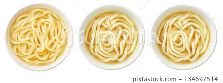 Japanese udon noodles served in light broth, top view and isolated on white background, representing Japanese cuisine Japanese udon noodles served in light broth, top view and isolated on white background, representing Japanese cuisine 134697514