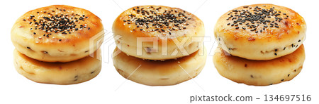 Stack of golden brown fluffy Korean Hotteok pancakes lightly dusted with powdered sugar, isolated on white background 134697516