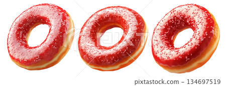 Delicious red glazed donut with chocolate drizzle and sprinkles, isolated on white transparent background Delicious red glazed donut with chocolate drizzle and sprinkles, isolated on white transparent background 134697519
