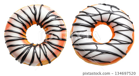 Delicious round donut covered in smooth white glaze and chocolate topping, isolated on white transparent background 134697520