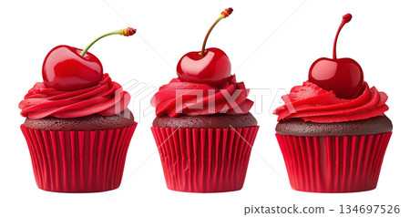 Chocolate cupcake with red frosting and cherry on top, isolated on white background, concept of dessert and sweets 134697526