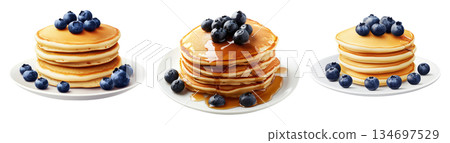 Fluffy pancake stack topped with fresh blueberries, isolated on white background. Concept of breakfast or brunch meal Fluffy pancake stack topped with fresh blueberries, isolated on white background. Concept of breakfast or brunch meal 134697529