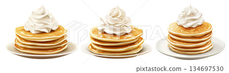 Fluffy pancake stack topped with whipped cream, isolated on white transparent background. Concept of tasty breakfast 134697530