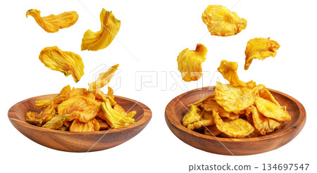 Set of Fiji takeaway and street foods fried breadfruit chips rustic alternative to potato chips on white transparent background 134697547