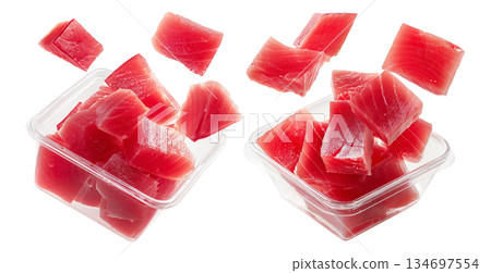 Set of raw tuna cubes Micronesian sashimi isolated on white transparent background, representing seafood freshness 134697554