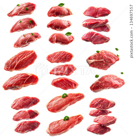 Set of pieces of fresh Chicken breast cut, isolated on white background, showcasing culinary concept Set of pieces of fresh Chicken breast cut, isolated on white background, showcasing culinary concept 134697557
