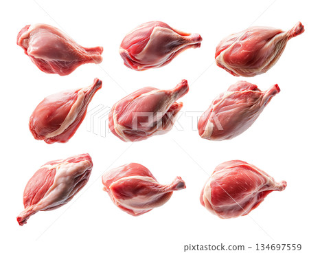Set of fresh Duck thigh cut, isolated on white background, showcasing culinary concept Set of fresh Duck thigh cut, isolated on white background, showcasing culinary concept 134697559