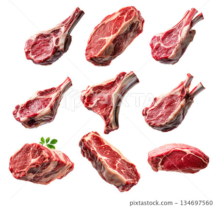 Set of fresh Lamb chop cut, isolated on white background, showcasing culinary concept 134697560