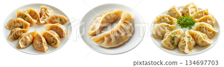 Steamed mandu dumplings placed in circular pattern on ceramic plate, isolated on white transparent background 134697703