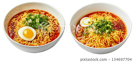 Delicious Korean ramen with boiled eggs, grilled pork, onions, and seaweed in black bowl isolated on white background 134697704