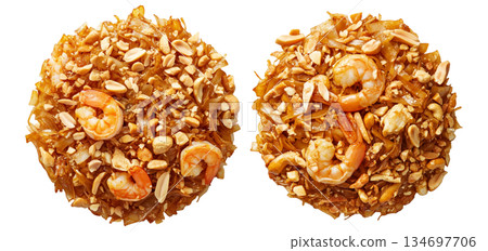 Stir-fried shrimp Pad Thai with crushed peanuts and rice noodles, isolated on white background, concept of Thai cuisine Stir-fried shrimp Pad Thai with crushed peanuts and rice noodles, isolated on white background, concept of Thai cuisine 134697706