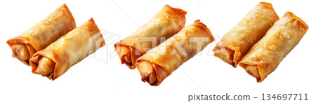 Crispy golden spring rolls with flaky texture shown isolated on white transparent background, Asian snack concept Crispy golden spring rolls with flaky texture shown isolated on white transparent background, Asian snack concept 134697711