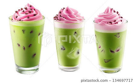Iced matcha drink topped with pink whipped cream and chocolate bits, isolated on white transparent background Iced matcha drink topped with pink whipped cream and chocolate bits, isolated on white transparent background 134697717