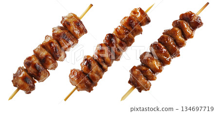 Grilled chicken yakitori skewer with teriyaki glaze or Isaw Filipino street food isolated on white transparent background 134697719