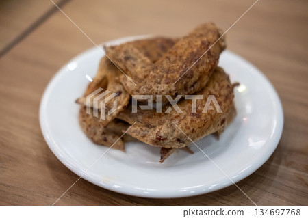 Fried chicken served on plate Fried chicken served on plate 134697768