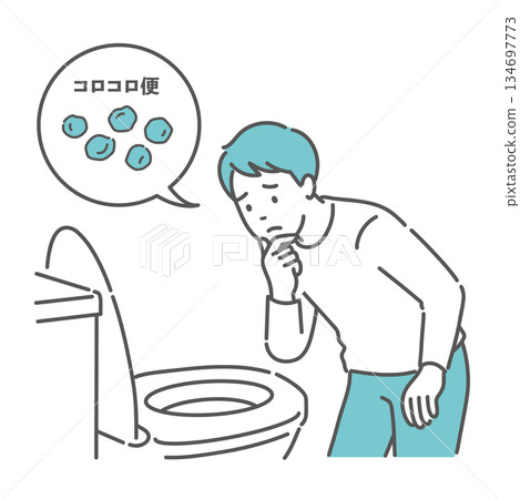 Illustration of a man worried about his hard stool in the toilet (speech bubble, constipation) 134697773