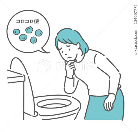 圖：一位女士在廁所裡擔心自己的大便乾硬（對話框，便秘，飲食） 134697775