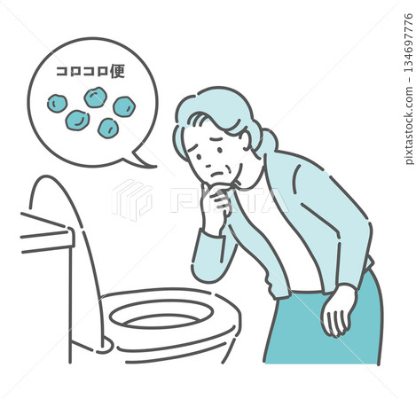 Illustration of an elderly woman worried about her hard stool in the toilet (speech bubble, constipation, care) Illustration of an elderly woman worried about her hard stool in the toilet (speech bubble, constipation, care) 134697776