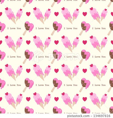 Valentine Seamless Pattern with Cute Heart Ice Cream Cones, Popsicles, and I Love You Text 134697816