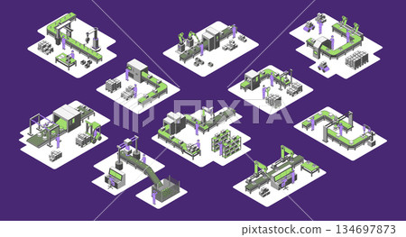 Cartoon Color Different Types Conveyor Line on a Platform Set Concept for Factory 3d Isometric View Line Elements. Vector illustration Cartoon Color Different Types Conveyor Line on a Platform Set Concept for Factory 3d Isometric View Line Elements. Vector illustration 134697873