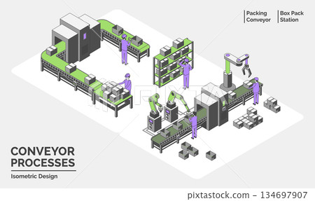 Cartoon Color Conveyor Processes Factory Concept 3d Isometric View Line Elements Box Pack Station and Packing Conveyor . Vector illustration 134697907