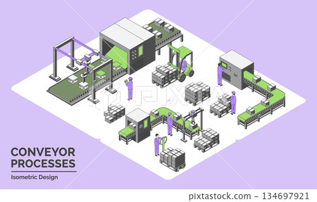 Cartoon Color Conveyor Processes Factory Concept 3d Isometric View Line Elements Automated Label Packaging, Handling Unit and Box Flow Terminal . Vector illustration Cartoon Color Conveyor Processes Factory Concept 3d Isometric View Line Elements Automated Label Packaging, Handling Unit and Box Flow Terminal . Vector illustration 134697921
