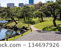 Former Shiba Rikyu Gardens: A path along a pond and a pine forest with fresh greenery 134697926