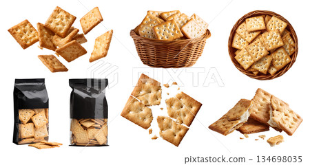 Set of crispy flat square crackers biscuit, baked thin snack staple food, rattan basket, takeaway bag package, stack pile broken, transparent cutout PNG. Many different Mockup 134698035