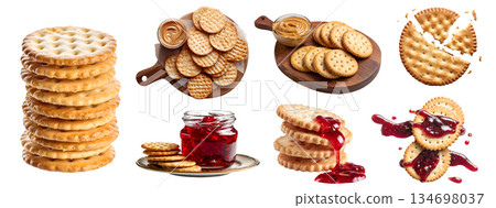 Set of circle round crackers, flat baked thin crispy biscuit snack staple food, jam dip, peanut butter spread, wooden serving board, stack pile broken, transparent cutout PNG 134698037