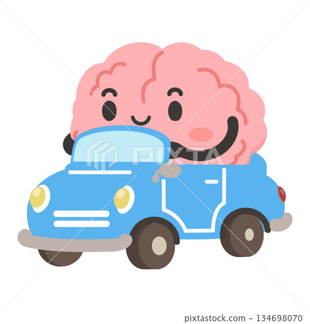Cartoon Brain Driving a Blue Car 134698070