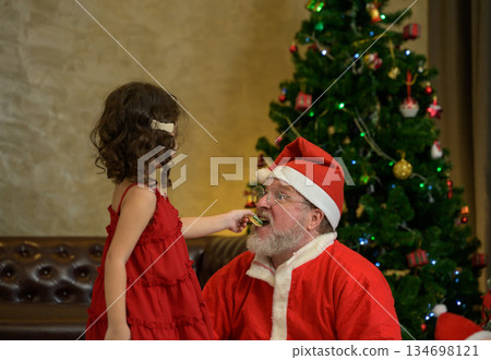 Young child girl in red dress feeding cookie to santa claus in living room near decorated Christmas tree with ornaments and twinkling lights at home 134698121