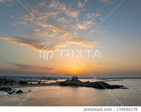 Aerial view of the evening sky and Kabushima Island in Aomori Prefecture, Hachinohe City Aerial view of the evening sky and Kabushima Island in Aomori Prefecture, Hachinohe City 134698276