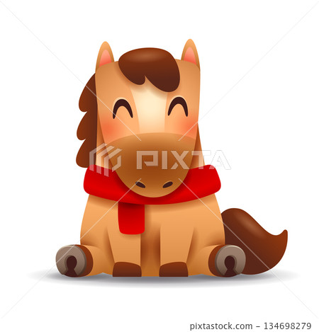 Cute Little Cartoon Horse with Red Scarf. Chinese Zodiac Cute Little Cartoon Horse with Red Scarf. Chinese Zodiac 134698279