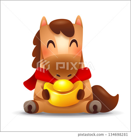 Cute Little Cartoon Horse with Red Scarf and Gold Ingot Chinese Zodiac Cute Little Cartoon Horse with Red Scarf and Gold Ingot Chinese Zodiac 134698281